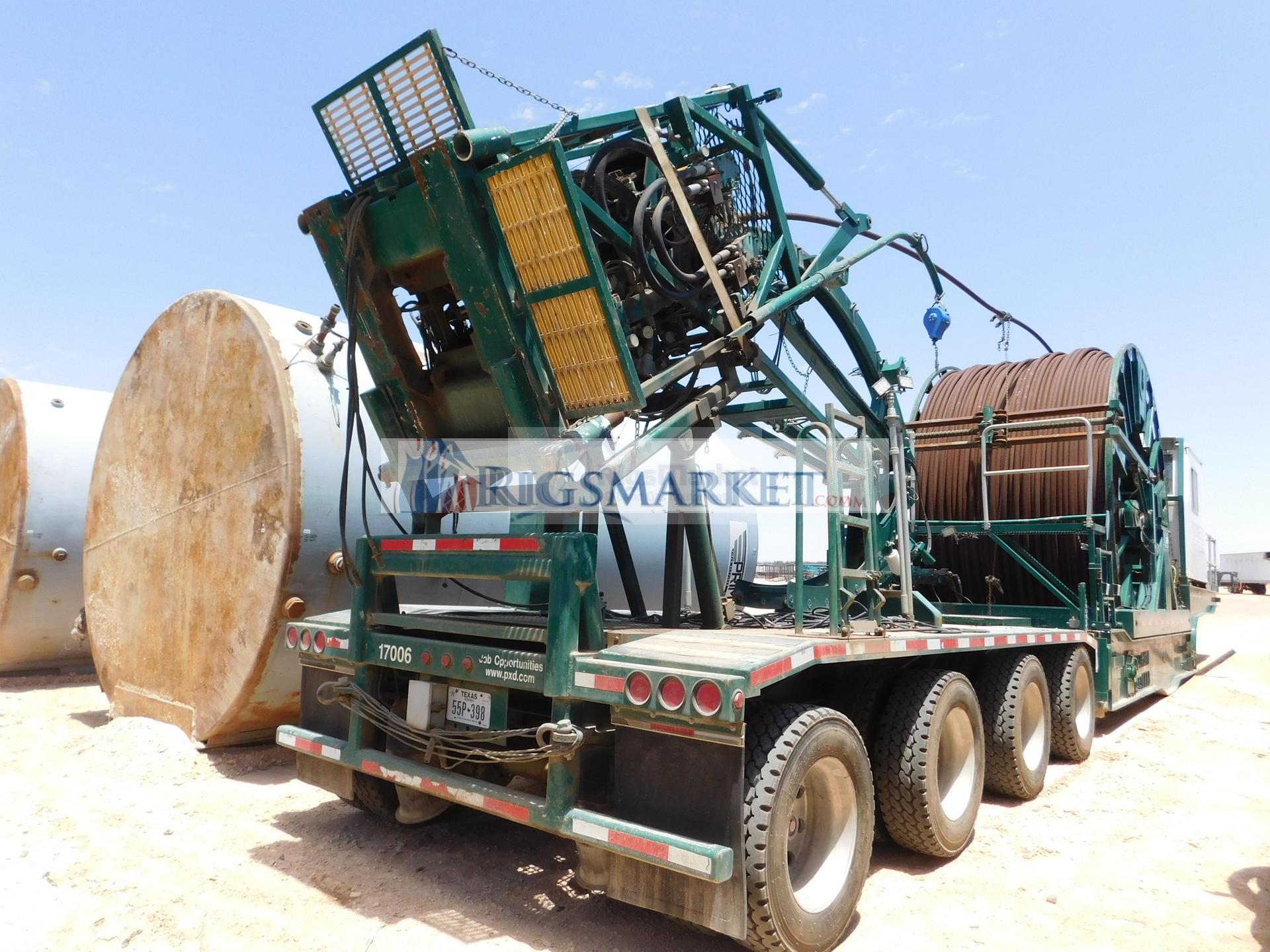 COIL UNIT WITH NOV HYDRA RIG HR680 Injector, SUREFIRE 2400-0352 Spooler Reel, Climate Controlled Operators Cabin, SIMSON MAXWELL 12KW Generator p/b 3-Cyl Diesel Eng, Mtd on 2010 PEERLESS CH-58-4A 4-Axle Lowboy Trailer w/ Hyd Leveling Legs